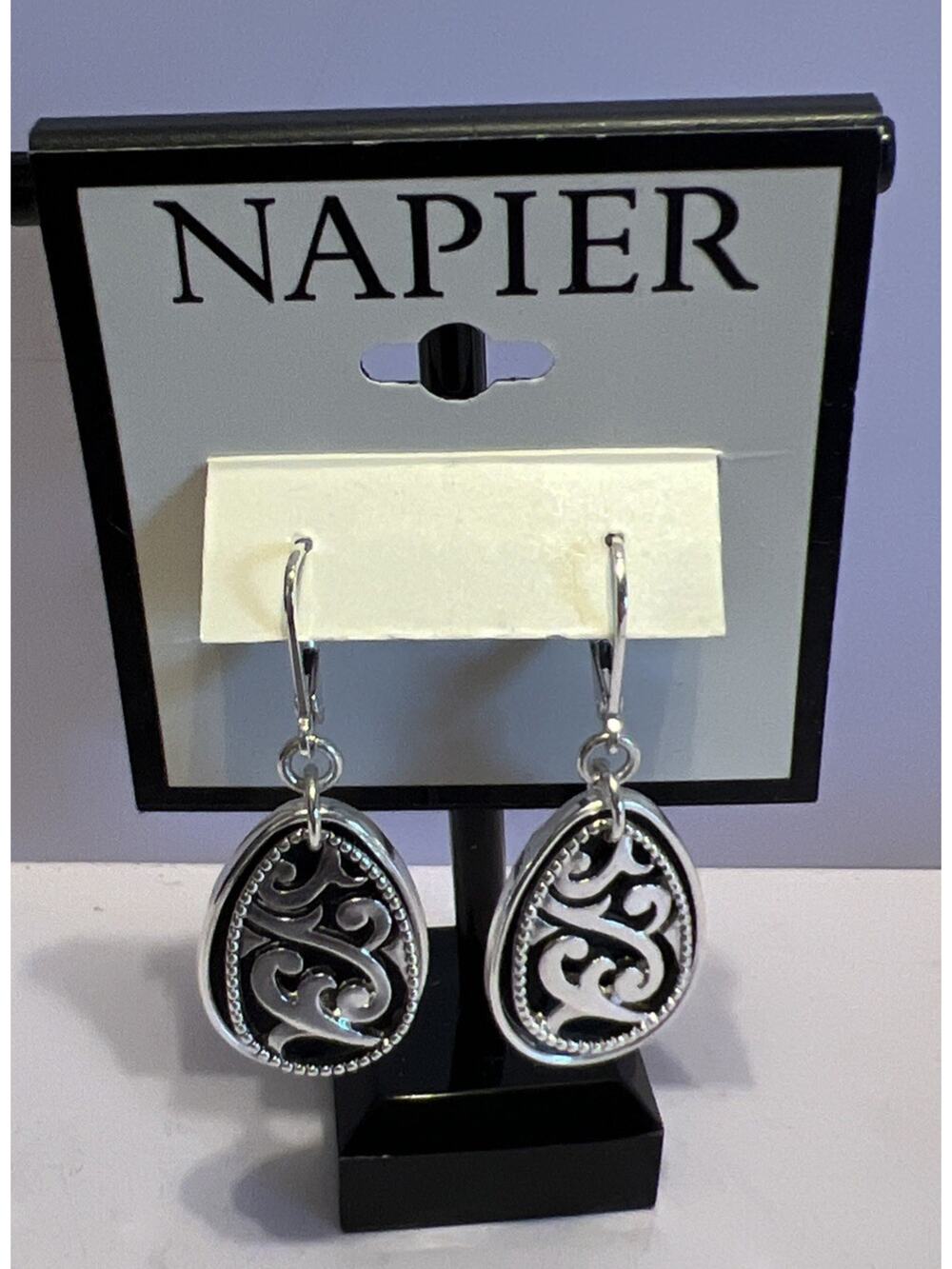 Napier Signed Earrings Black Leather Inside Silver Tone Vintage New